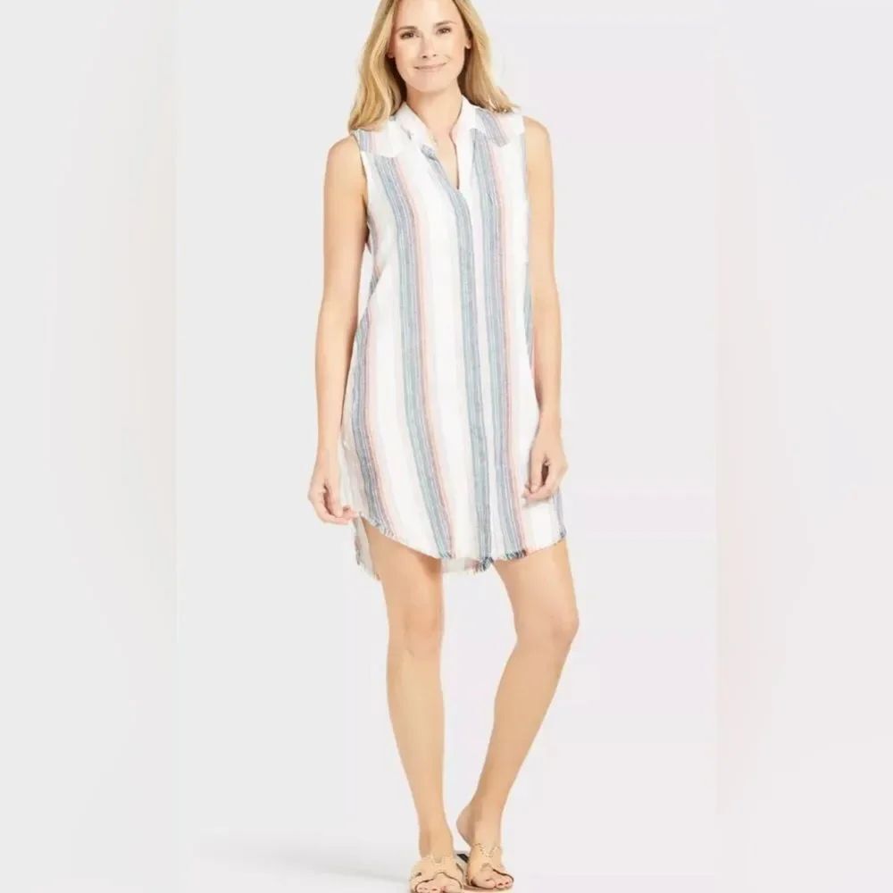Anthropologie Cloth & Stone Striped Shirt Dress Sleeveless Fringe Button Down S